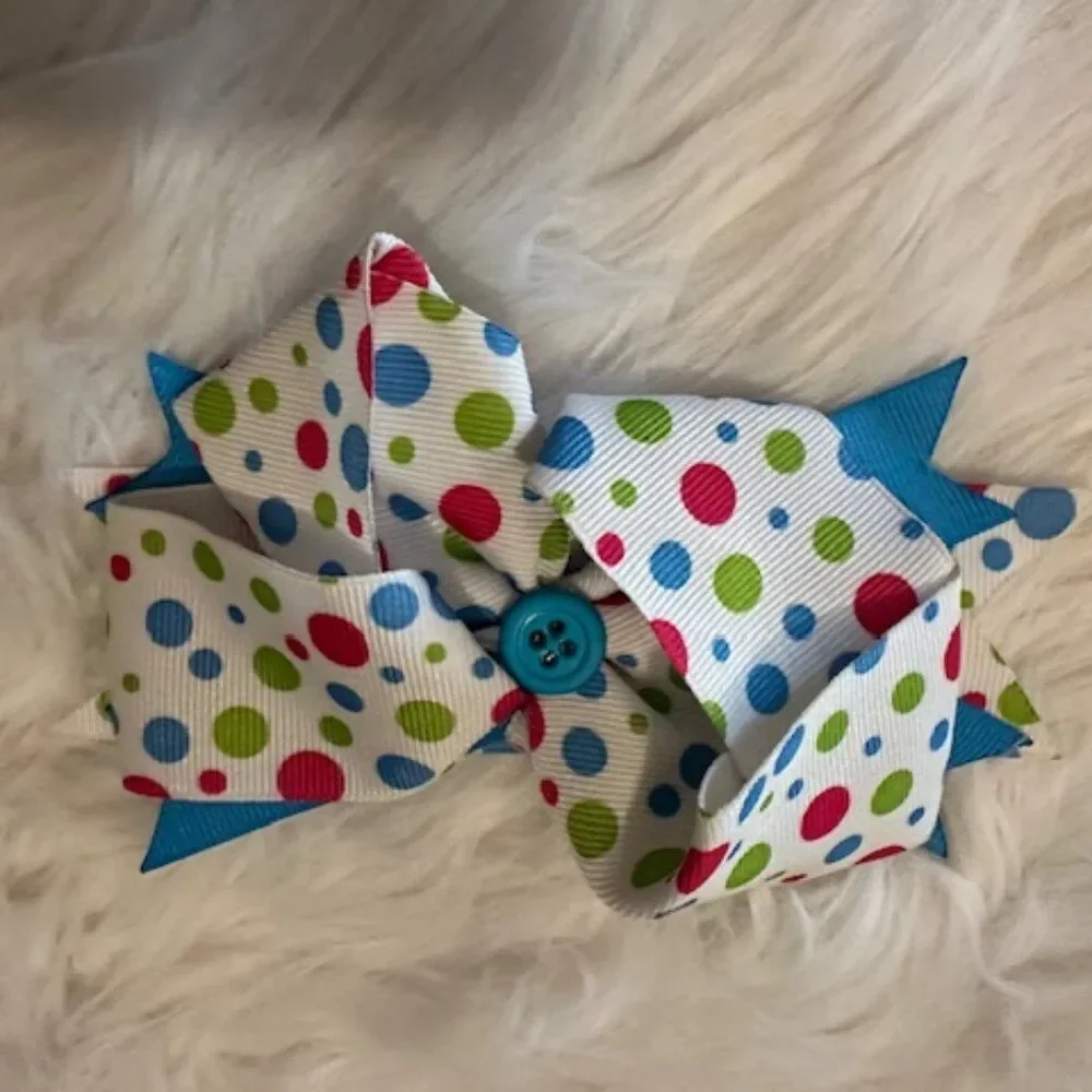 Colorful Pink & Blue Polka Dot Deluxe Bow with Button Center    7955  Handmade